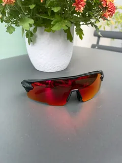 GORPED Strider sunglasses with the Ember lens on a grey table in front of a potted orange flower