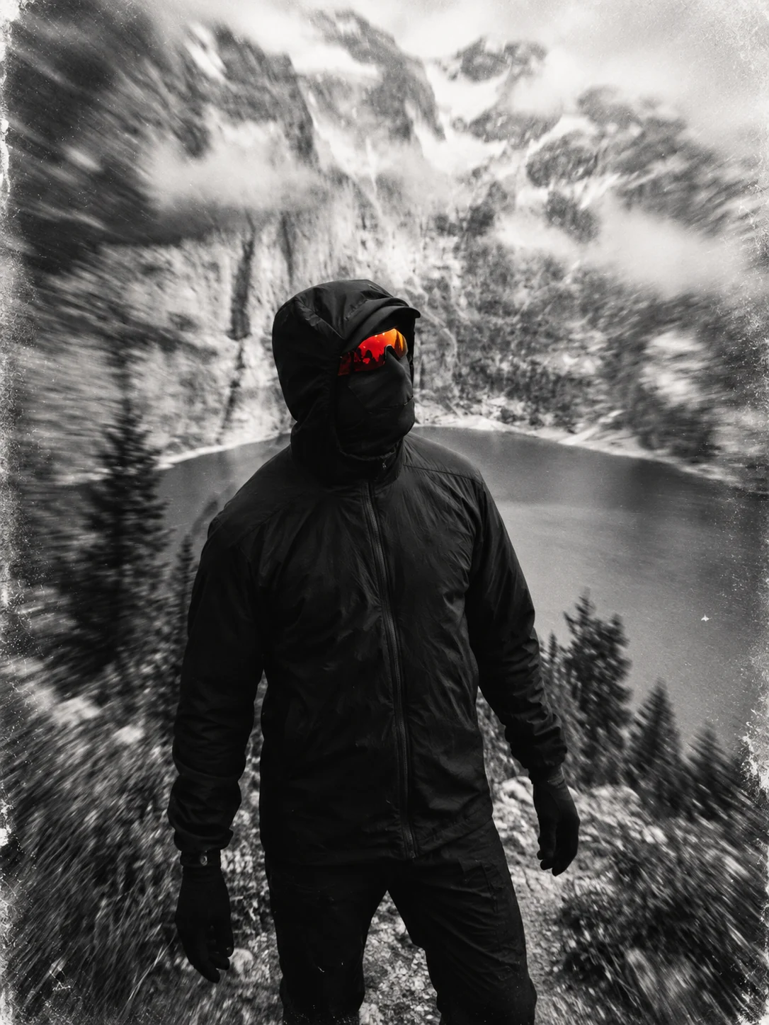 Outdoor clothing worn beside an alpine lake