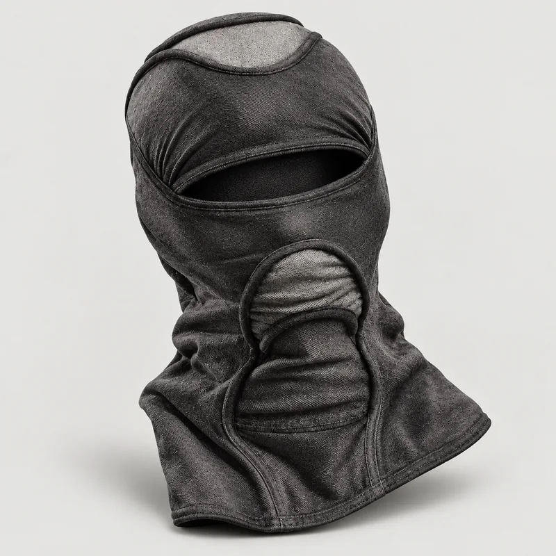 Grey and black Deamon facemask on a plain white background