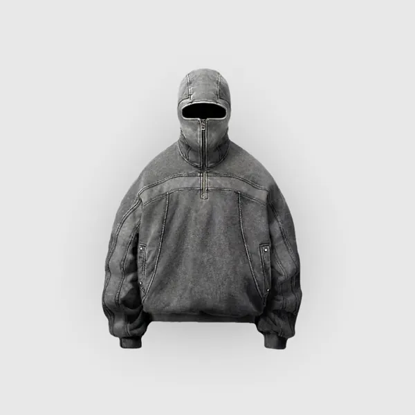 Grey Nomad hoodie with a zip-up balaclava hood