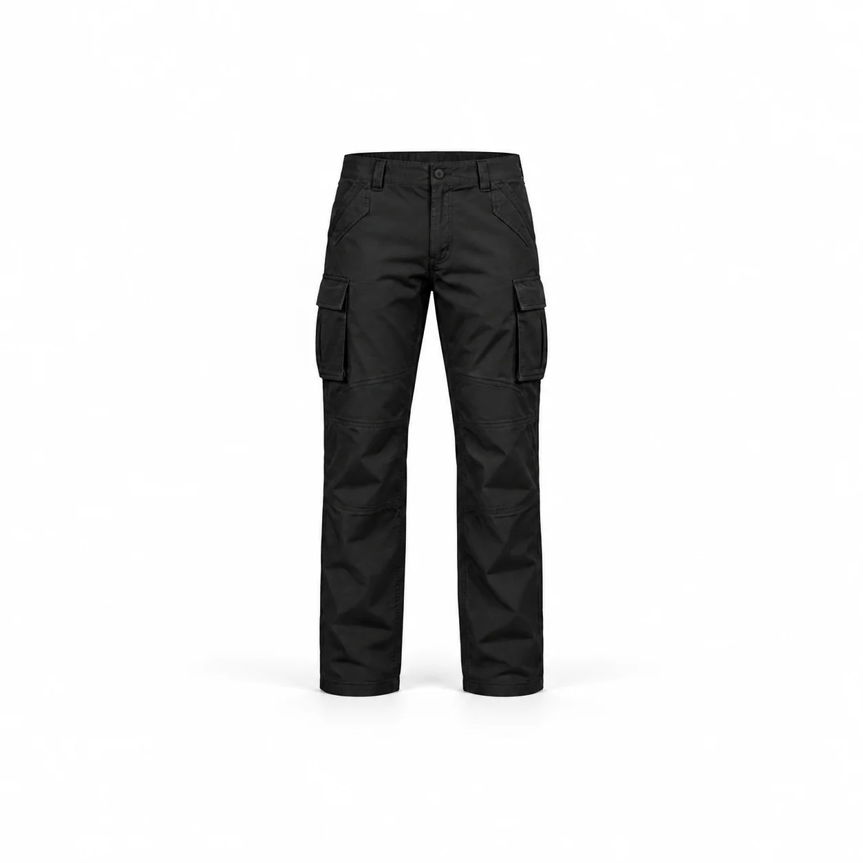 Rift black cargo trousers, full front view on a pale studio background