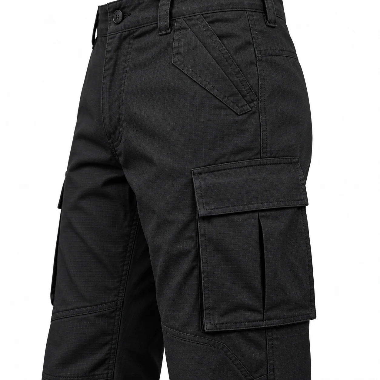 Close detail of Rift’s black ripstop fabric and thigh cargo pocket